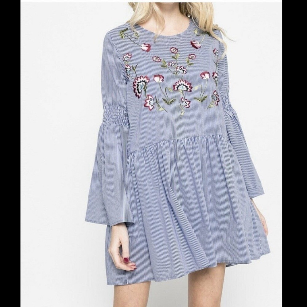 Desigual Blue Stripe Floral Embroidery Bell Sleeve Cotton Flare Dress UK 38 US 6